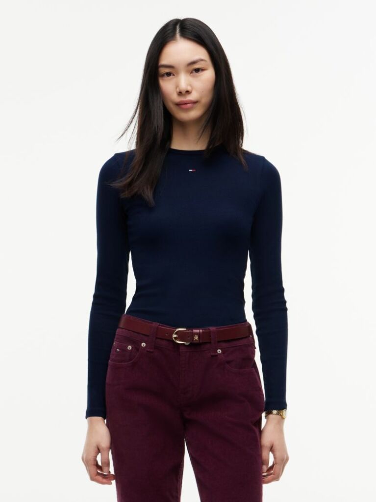 Blue Ribbed Slim Long Sleeve T-Shirt  Women