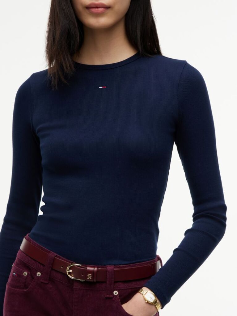 Blue Ribbed Slim Long Sleeve T-Shirt  Women