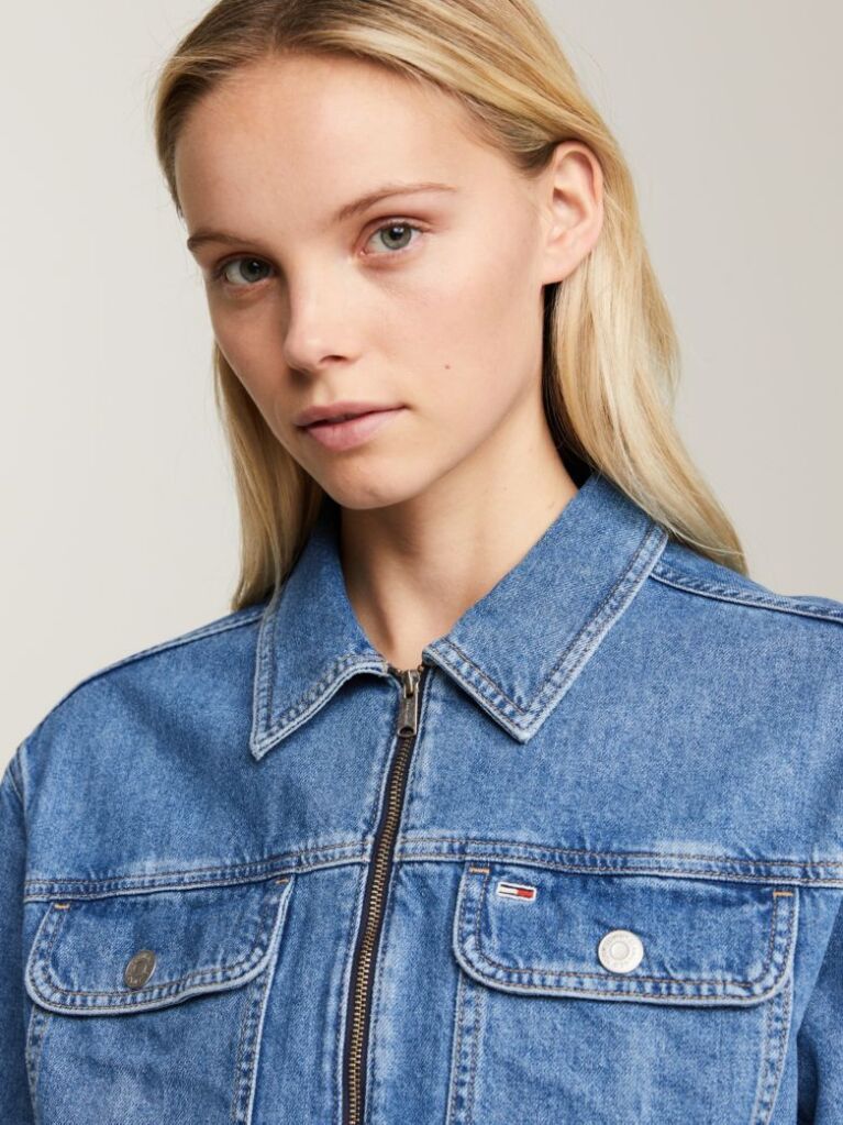 Denim Claire Zip-Thru Cropped Trucker Jacket  Women