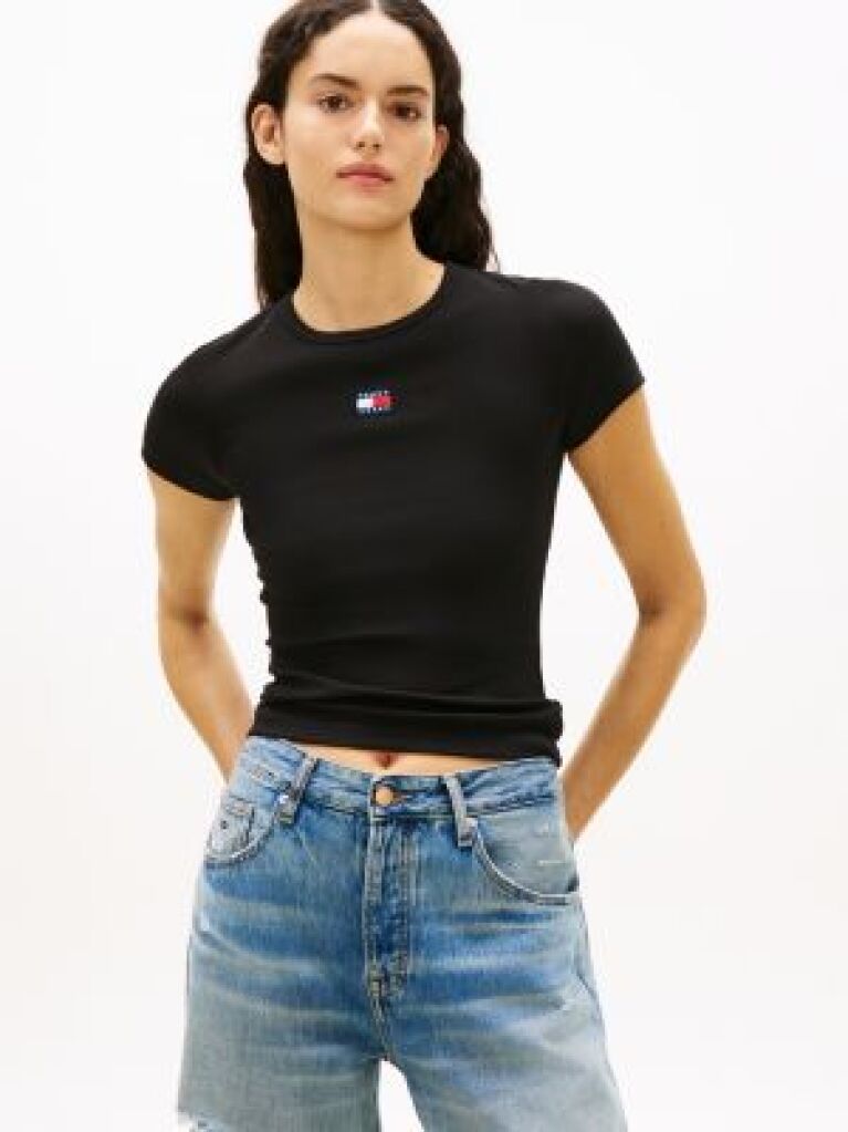 Μαύρο Κοντομάνικο T-Shirt Ριμπ Σε Slim Γραμμή  Γυναίκες