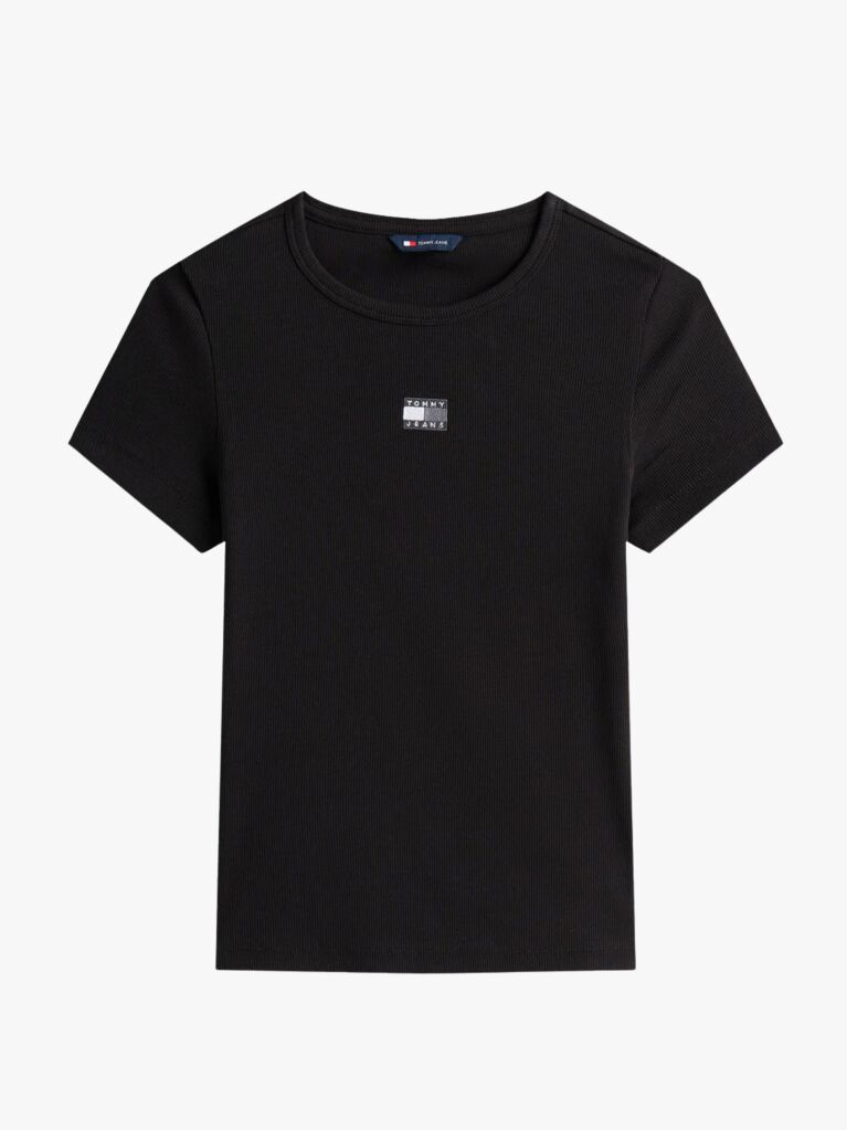 Μαύρο Κοντομάνικο T-Shirt Ριμπ Σε Slim Γραμμή  Γυναίκες