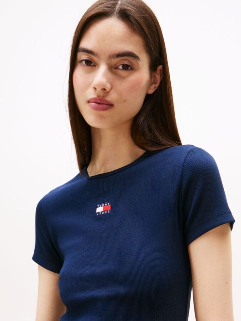 Μπλε Κοντομάνικο T-Shirt Ριμπ Σε Slim Γραμμή  Γυναίκες