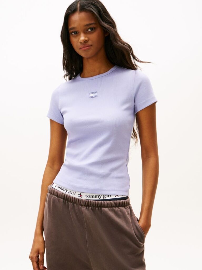 Μωβ Κοντομάνικο T-Shirt Ριμπ Σε Slim Γραμμή  Γυναίκες