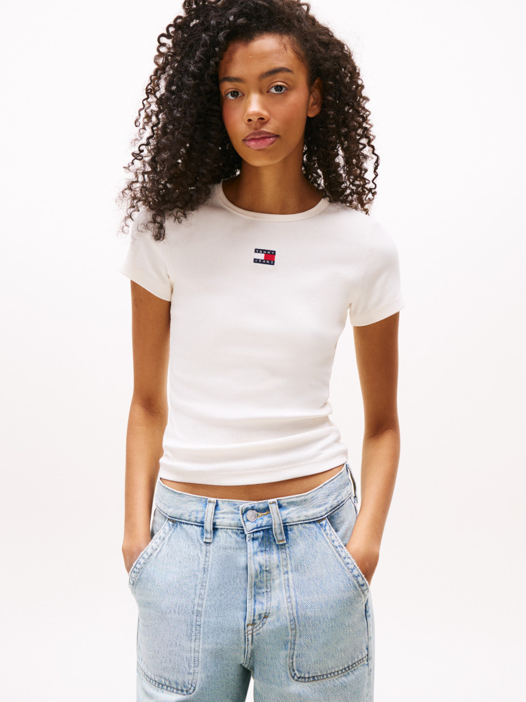 Άσπρο Κοντομάνικο T-Shirt Ριμπ Σε Slim Γραμμή  Γυναίκες