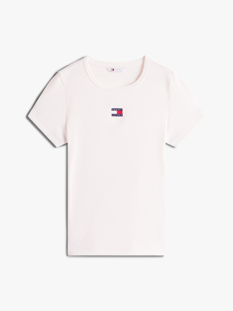 Άσπρο Κοντομάνικο T-Shirt Ριμπ Σε Slim Γραμμή  Γυναίκες