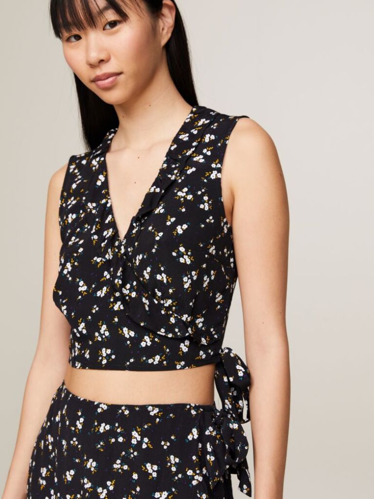 Multi Floral Print Ruffle Wrap Crop Top  Women