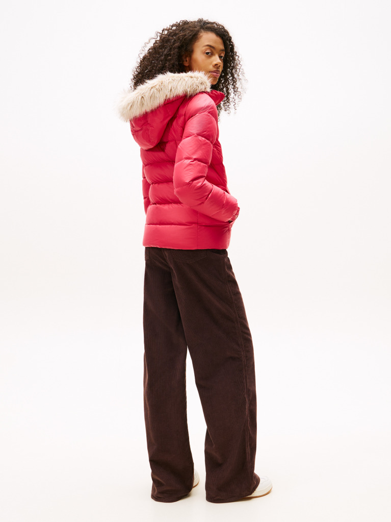 Pink Faux Faur Hooded Down-Filled Fitted Jacket  Women