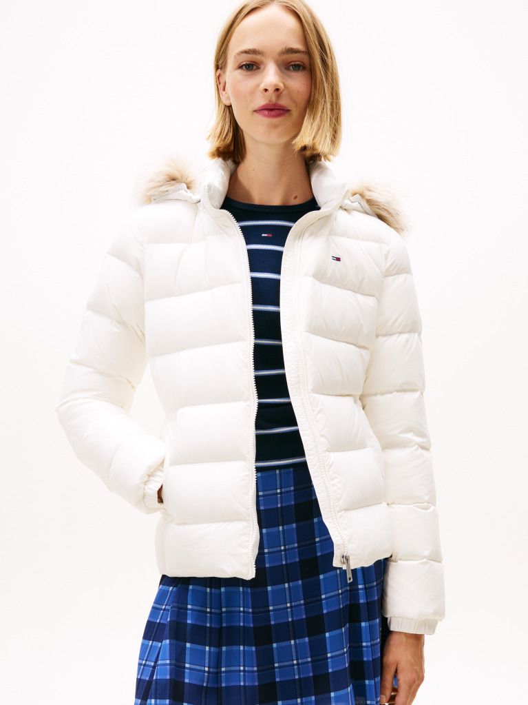 Beige Faux Faur Hooded Down-Filled Fitted Jacket  Women