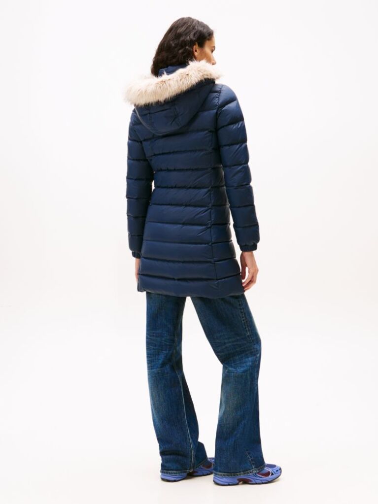 Blue Faux Fur Trim Hooded Down Coat  Women