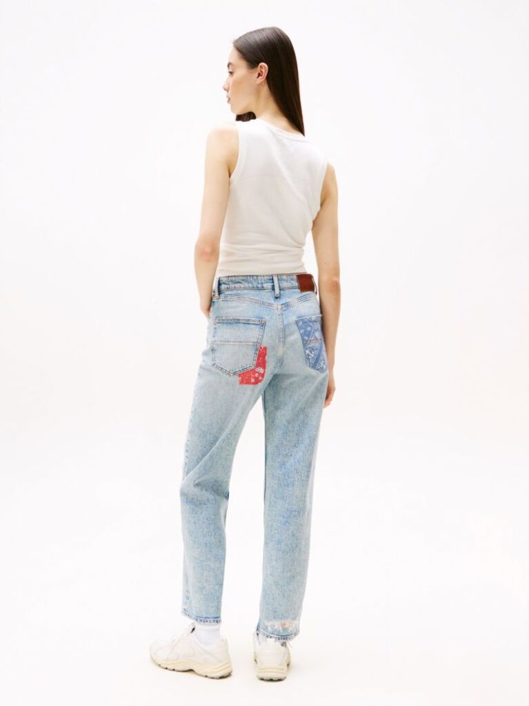 Denim Patchwork High Rise Slim Straight Jeans  Women