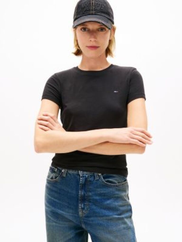 Black Crew Neck Flag Embroidered T-Shirt  Women