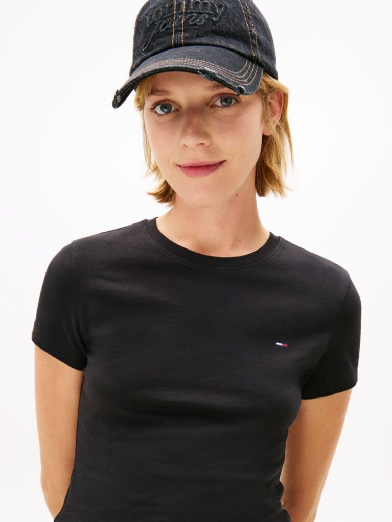 Black Crew Neck Flag Embroidered T-Shirt  Women