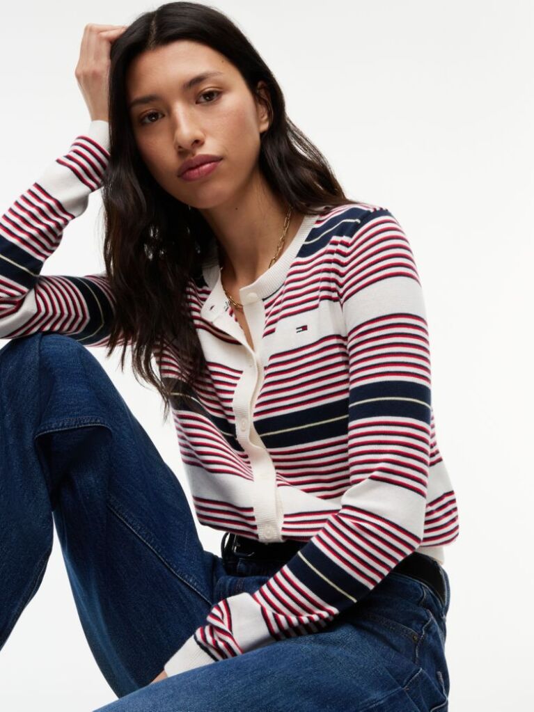 Multi Flag Embroidery Slim Crew Neck Cardigan  Women