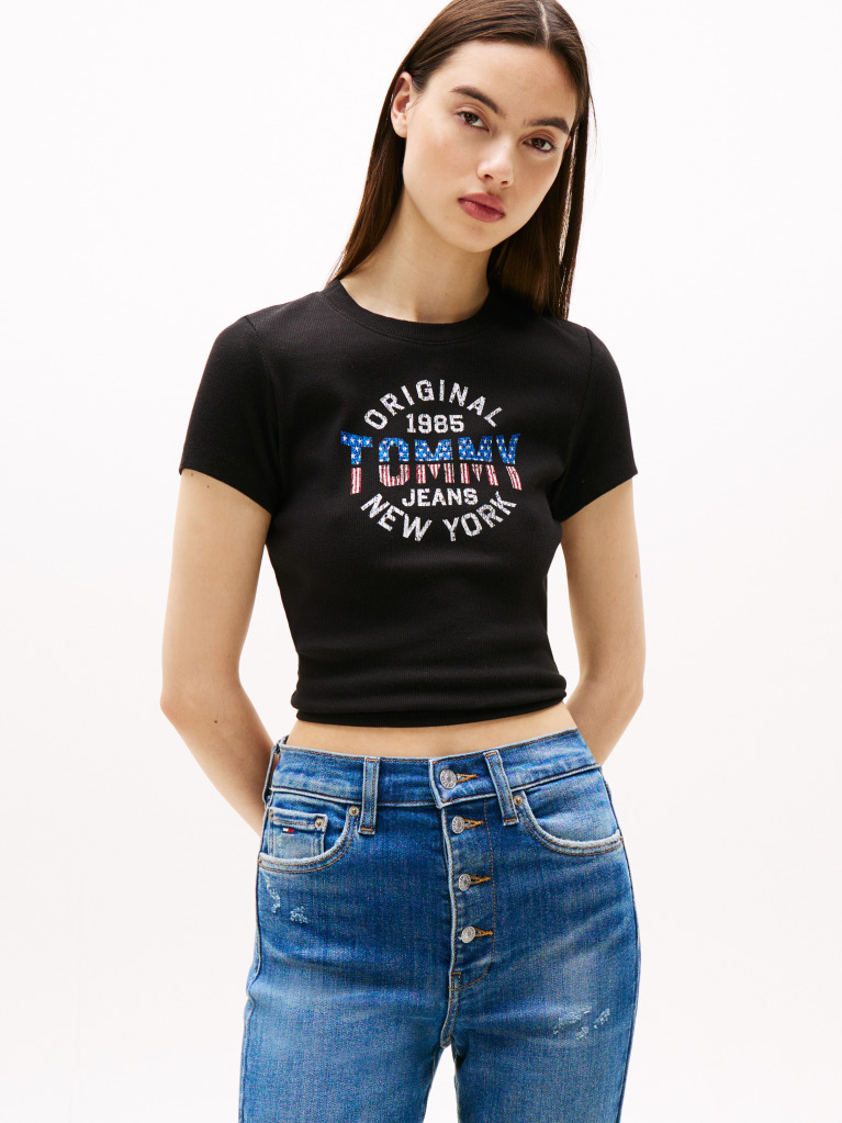 Black Ribbed Slim New York Logo T-Shirt  Women