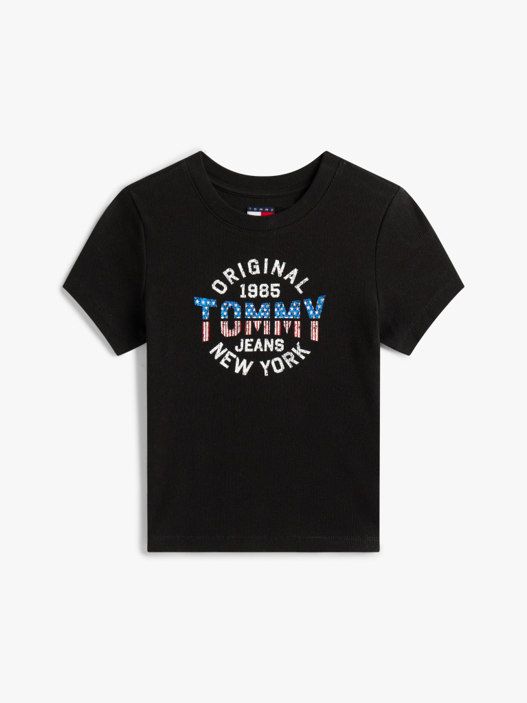 Black Ribbed Slim New York Logo T-Shirt  Women