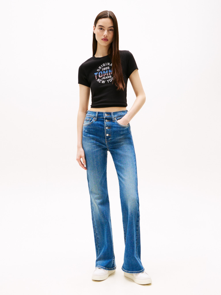 Black Ribbed Slim New York Logo T-Shirt  Women