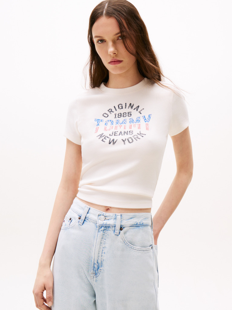 White Ribbed Slim New York Logo T-Shirt  Women