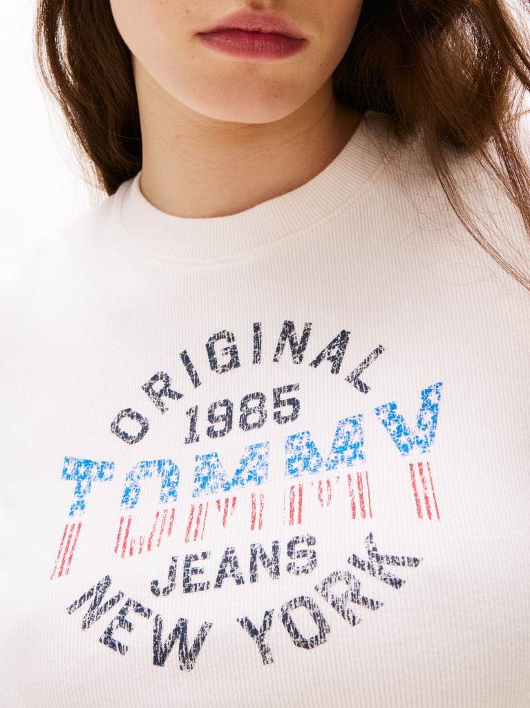 White Ribbed Slim New York Logo T-Shirt  Women