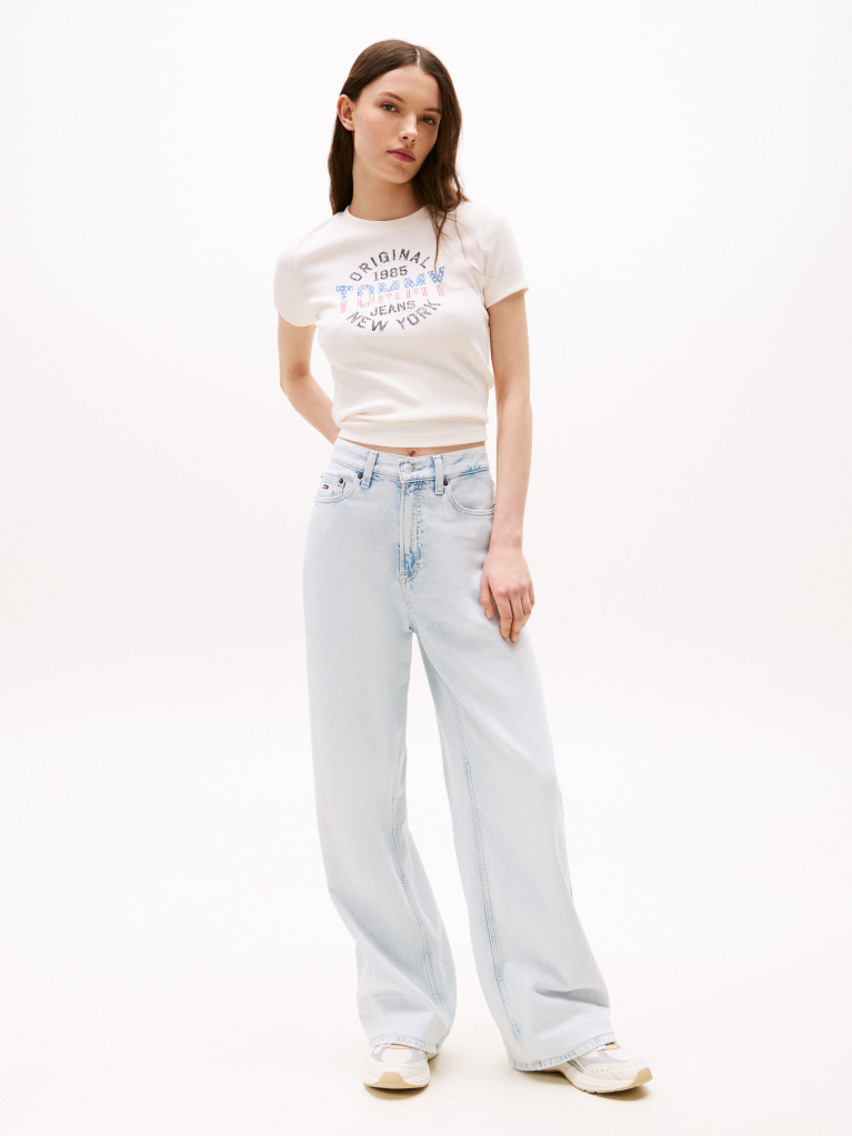 White Ribbed Slim New York Logo T-Shirt  Women