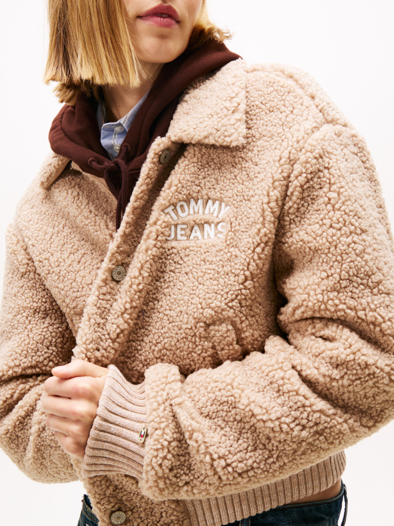 Beige Varsity Teddy Back Logo Bomber Jacket  Women