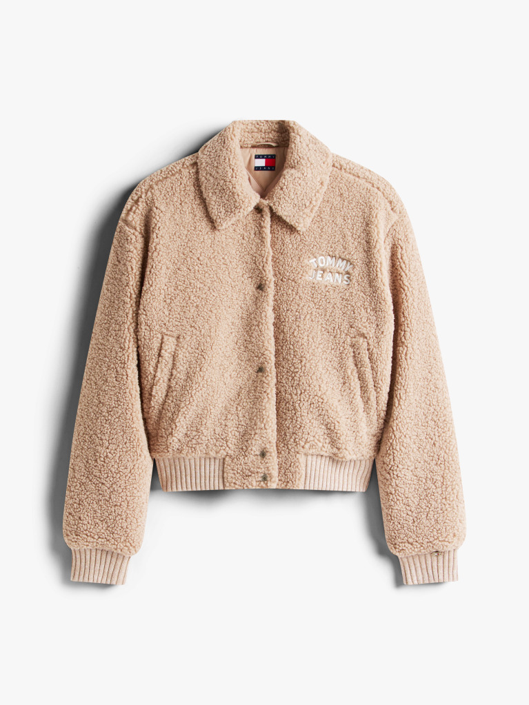 Beige Varsity Teddy Back Logo Bomber Jacket  Women