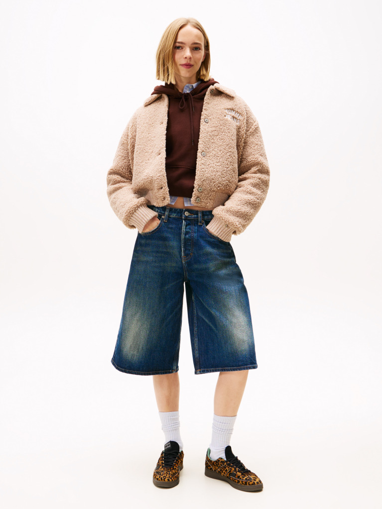 Beige Varsity Teddy Back Logo Bomber Jacket  Women