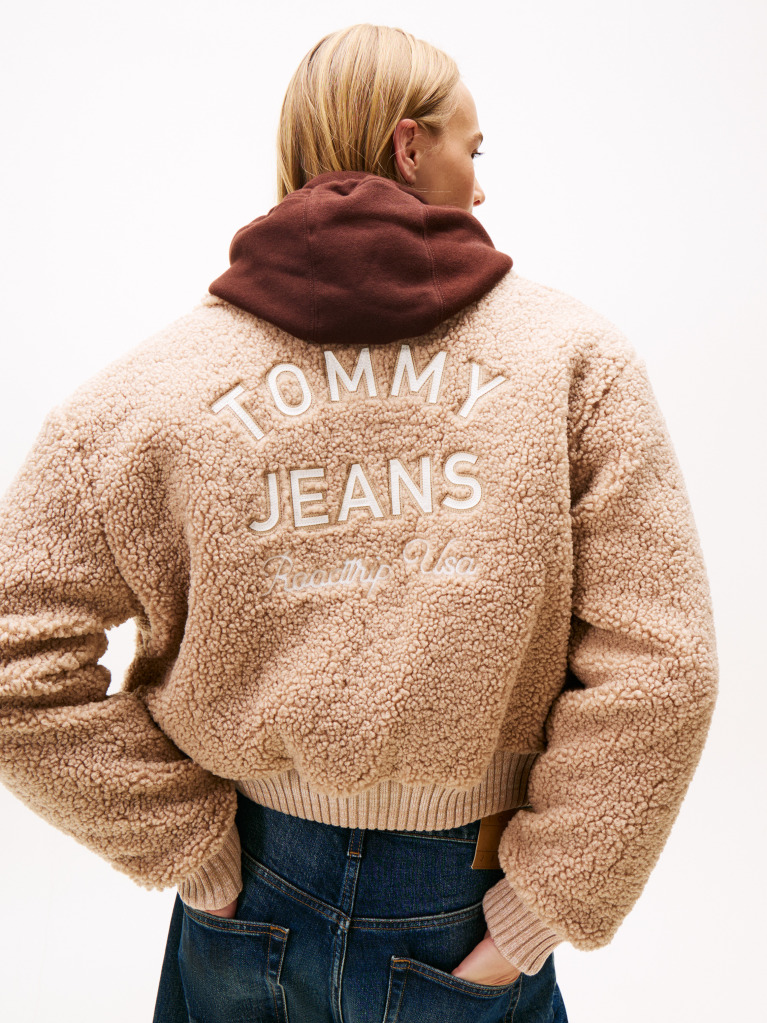 Beige Varsity Teddy Back Logo Bomber Jacket  Women