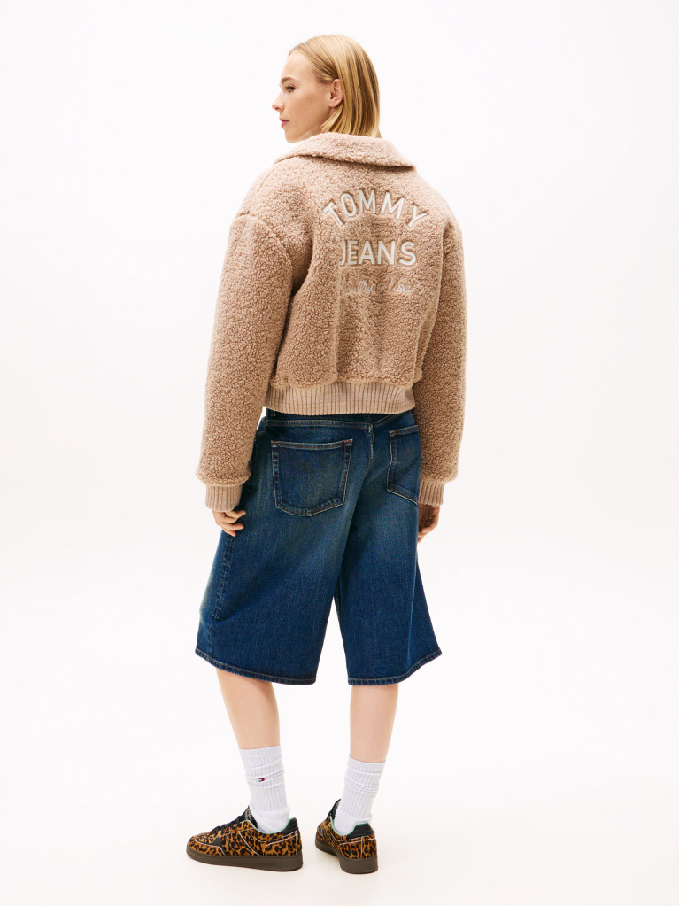 Beige Varsity Teddy Back Logo Bomber Jacket  Women