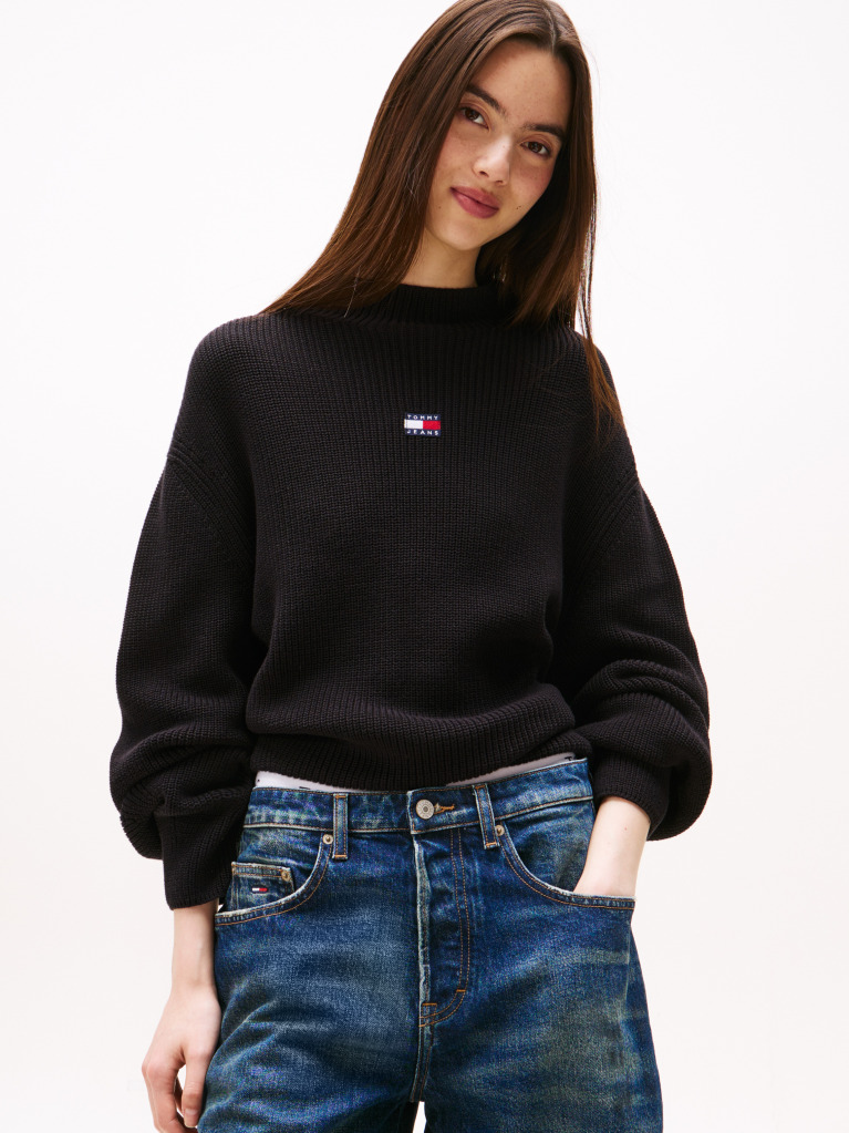 Black Tommy Badge Relaxed Mock Neck Jumper  Women