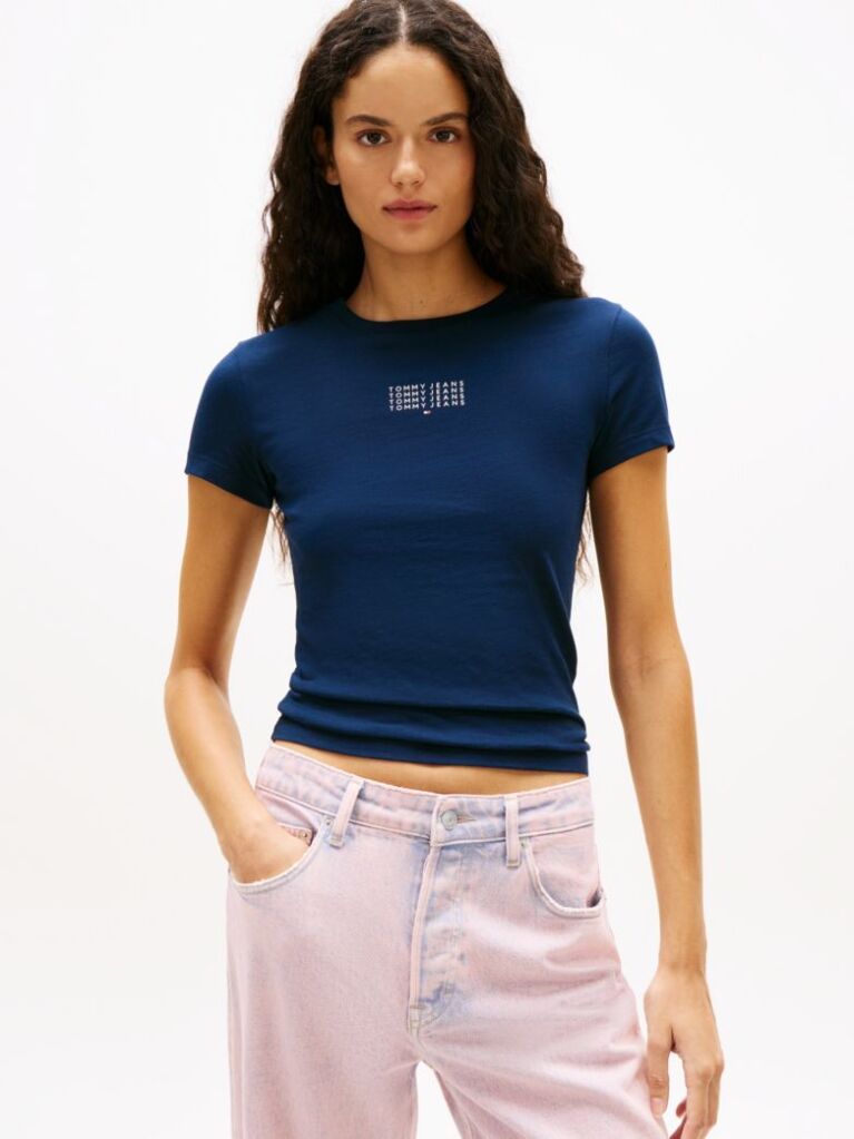 Μπλε Ριμπ Slim T-Shirt Με Λογότυπο  Γυναίκες