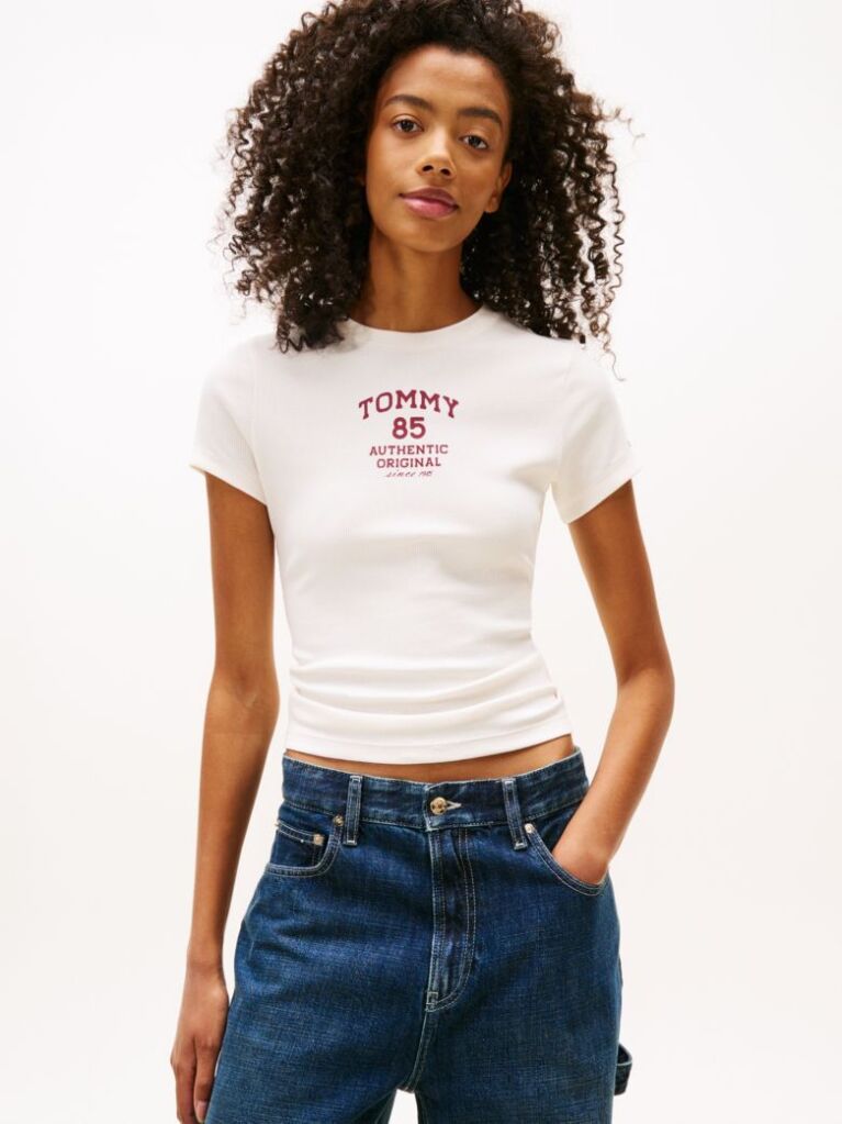 Άσπρο Ριμπ Slim T-Shirt Με Λογότυπο  Γυναίκες