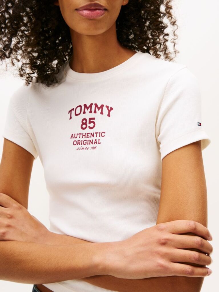 Άσπρο Ριμπ Slim T-Shirt Με Λογότυπο  Γυναίκες
