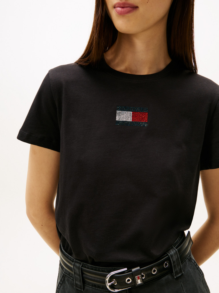 Black Diamanté Flag Crew Neck T-Shirt  Women