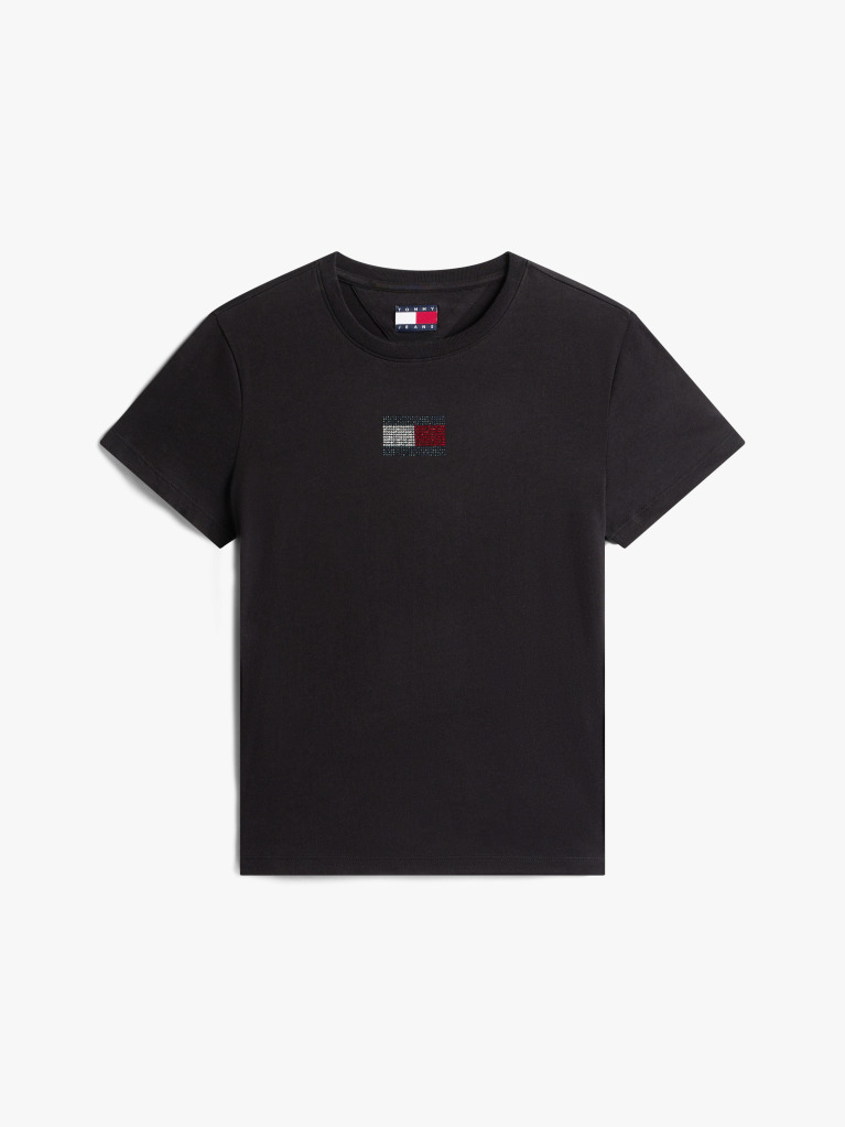 Black Diamanté Flag Crew Neck T-Shirt  Women