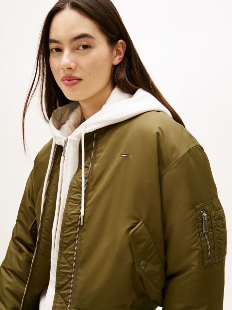 Green Sleeve Pocket Twill Bomber Jacket  Women
