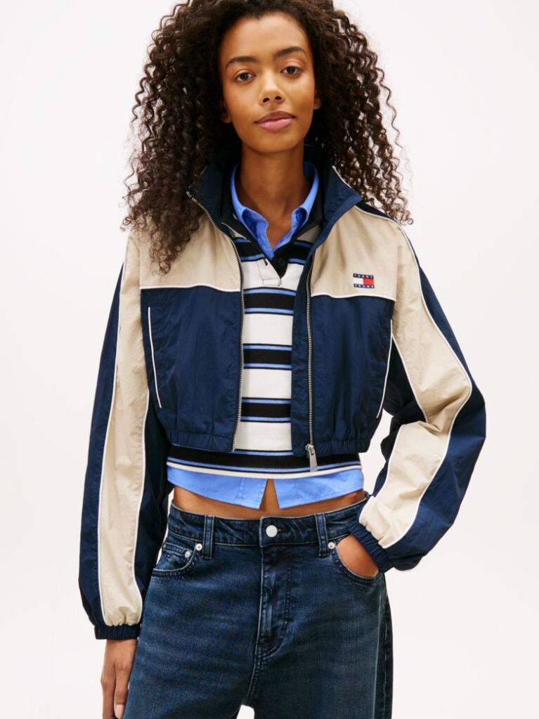 Blue Tommy Badge Colour-Blocked Piping Crinkle Jacket  Women