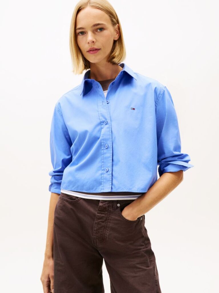 Blue Relaxed Fit Cropped Poplin Shirt  Women