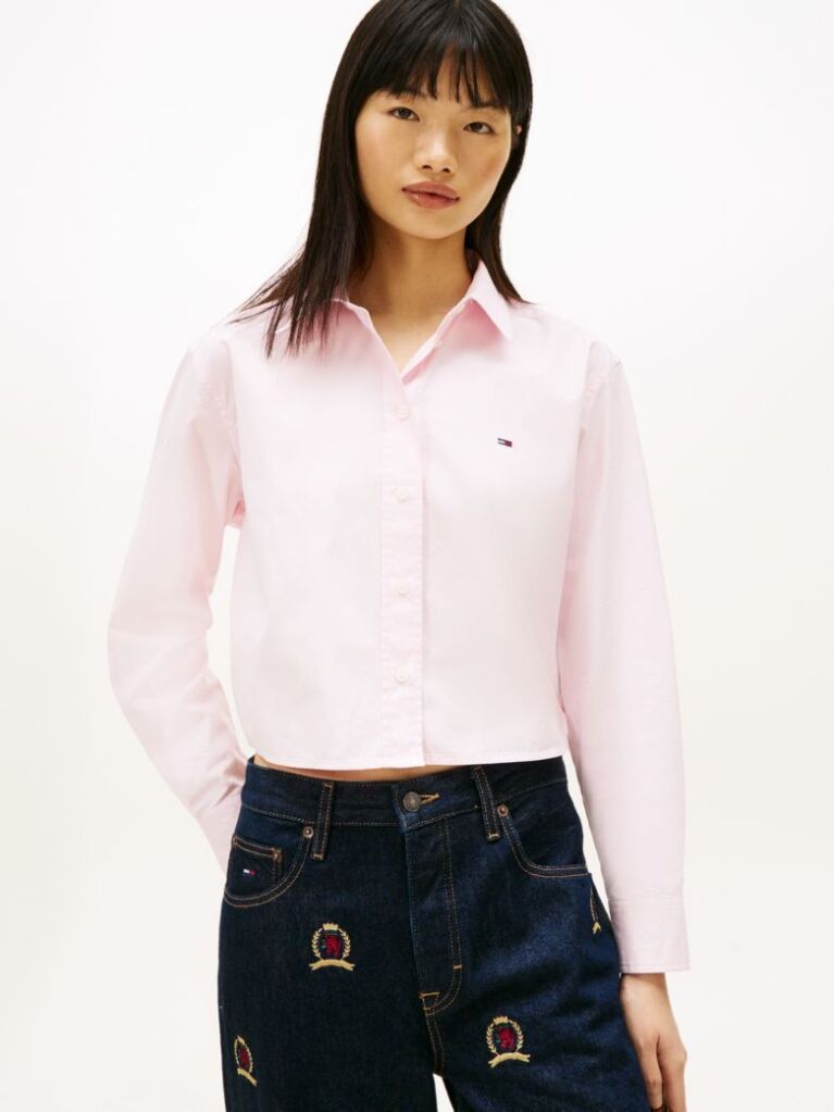 Pink Relaxed Fit Cropped Poplin Shirt  Women
