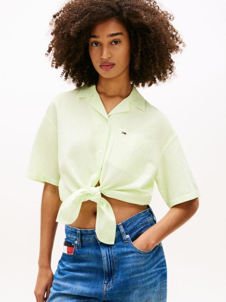 Green Relaxed Fit Linen Blend Tie Front Shirt  Women