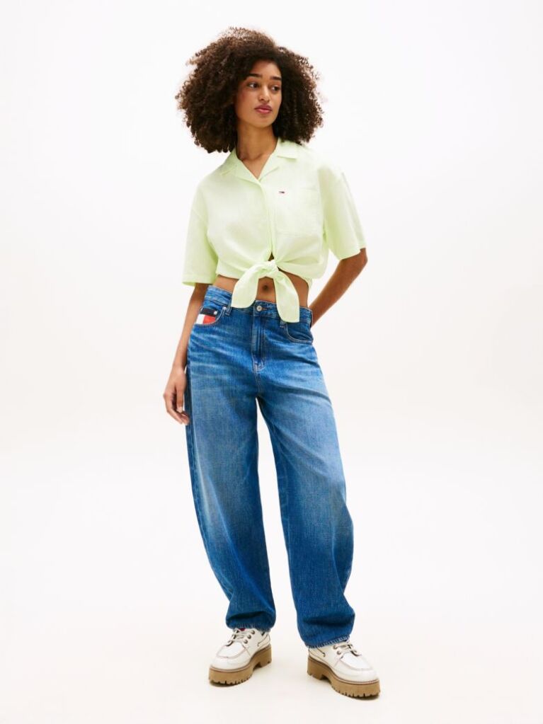 Green Relaxed Fit Linen Blend Tie Front Shirt  Women
