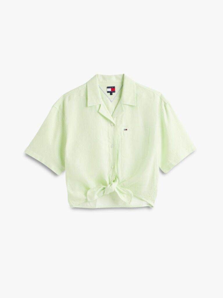 Green Relaxed Fit Linen Blend Tie Front Shirt  Women