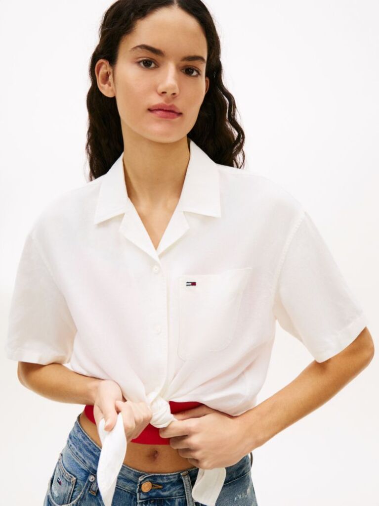 White Relaxed Fit Linen Blend Tie Front Shirt  Women