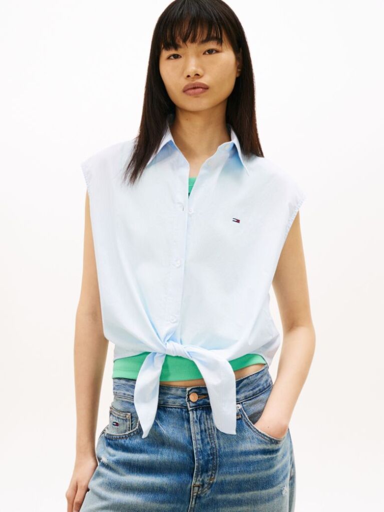 Blue Relaxed Fit Sleeveless Tie Front Shirt  Women