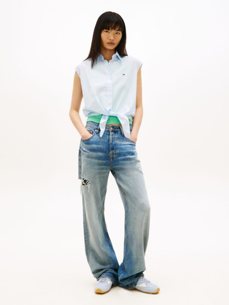 Blue Relaxed Fit Sleeveless Tie Front Shirt  Women