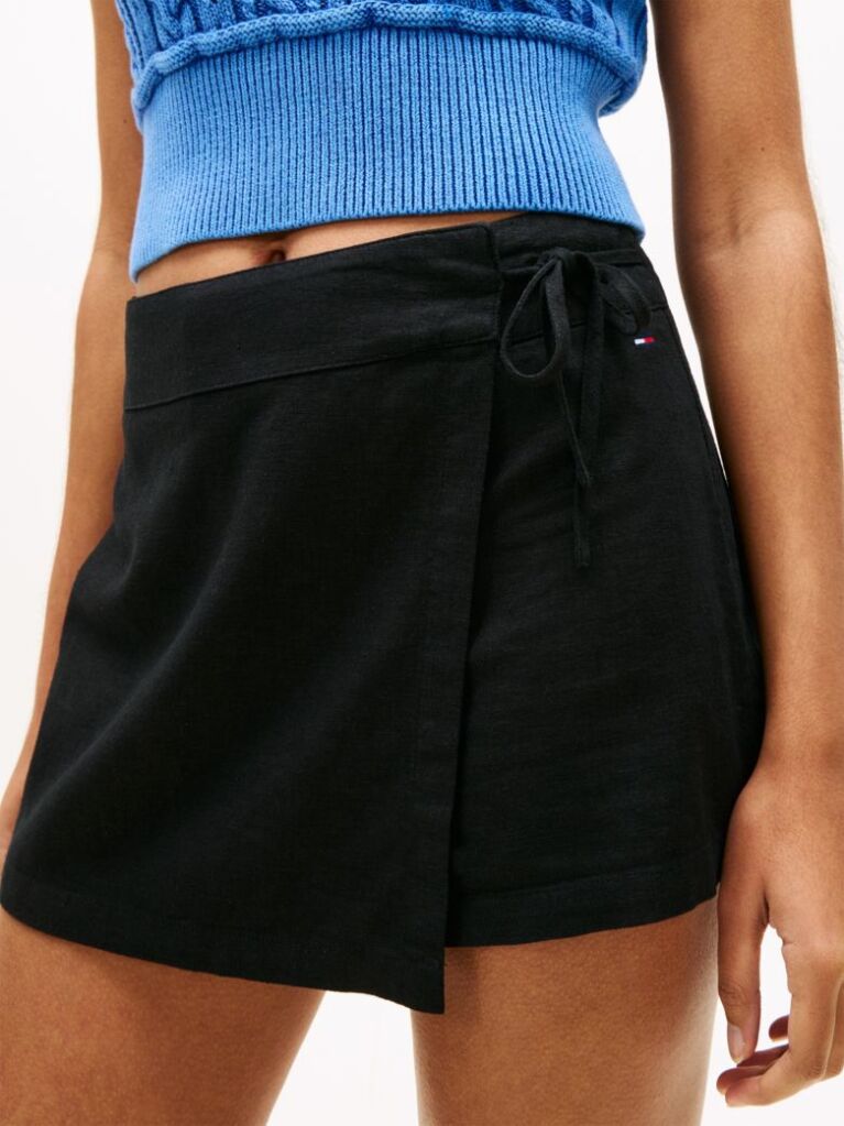 Μαύρο Λινή Παντελονόφουστα Με Πλαϊνό Δέσιμο  Γυναίκες