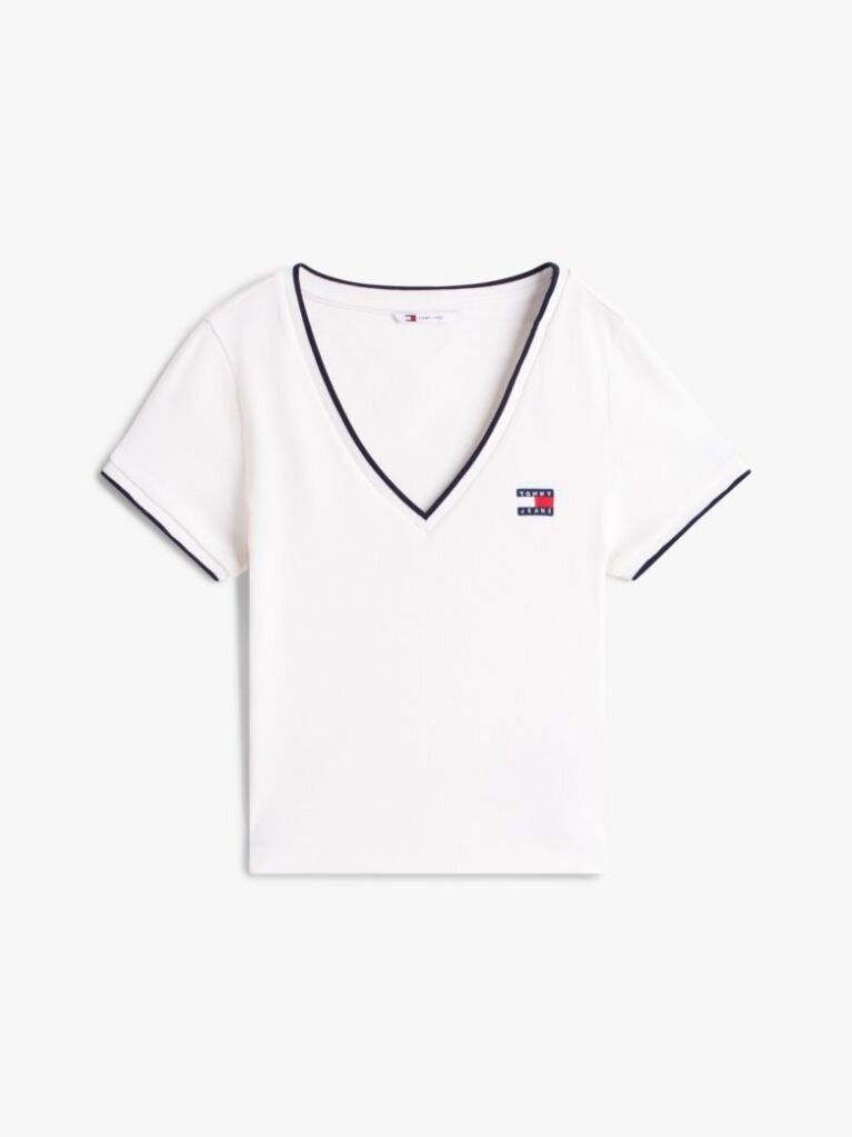 White Tommy Badge Low V-Neck Slim T-Shirt  Women