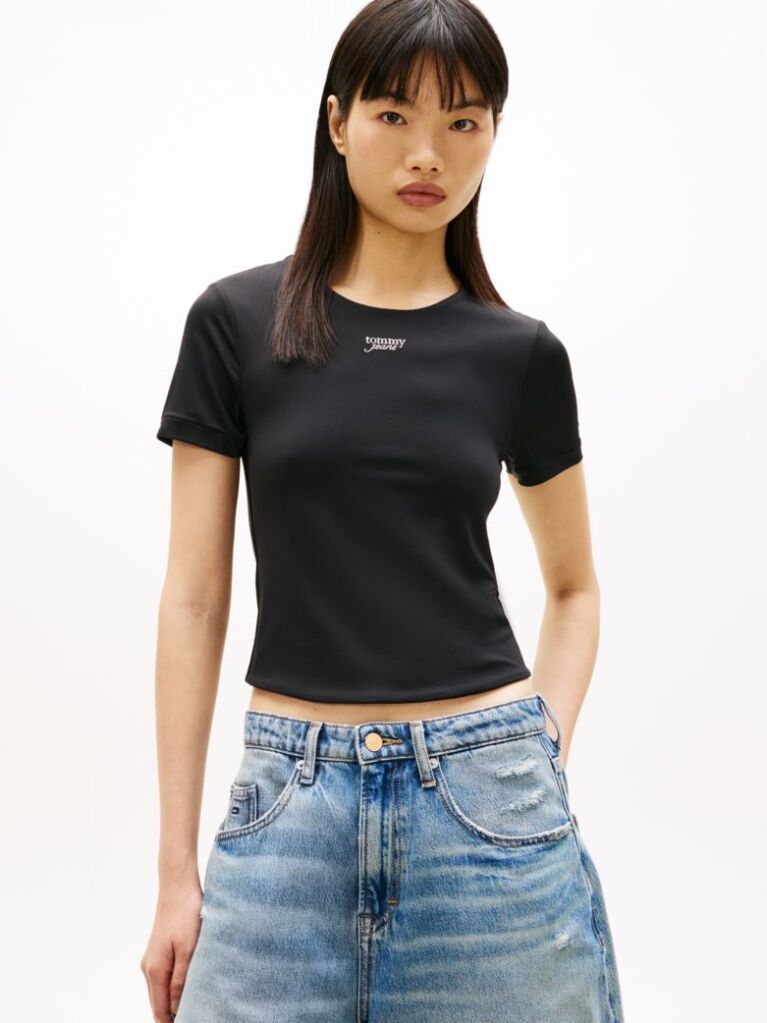 Black Athleisure Metal Logo Slim T-Shirt  Women