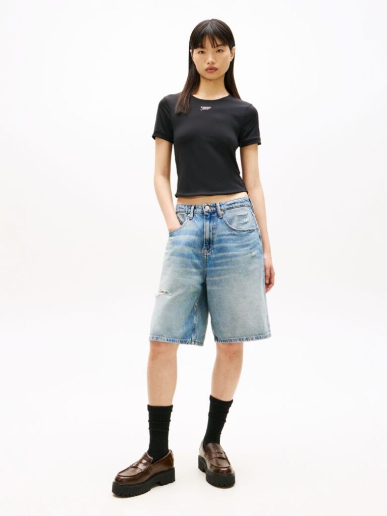 Black Athleisure Metal Logo Slim T-Shirt  Women
