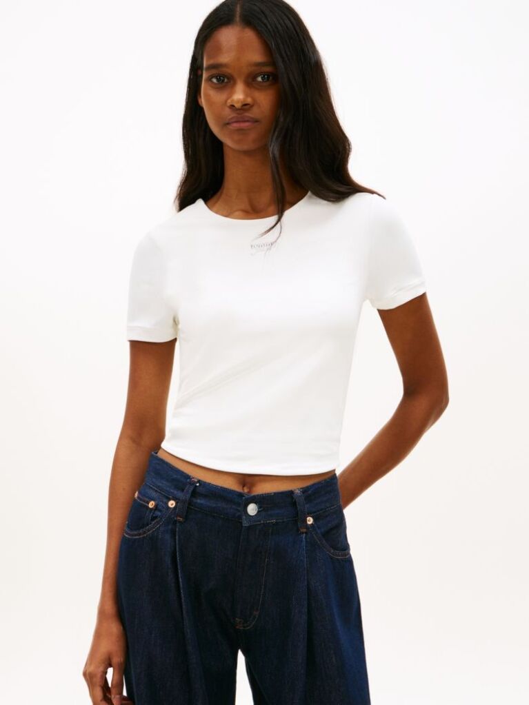 White Athleisure Metal Logo Slim T-Shirt  Women
