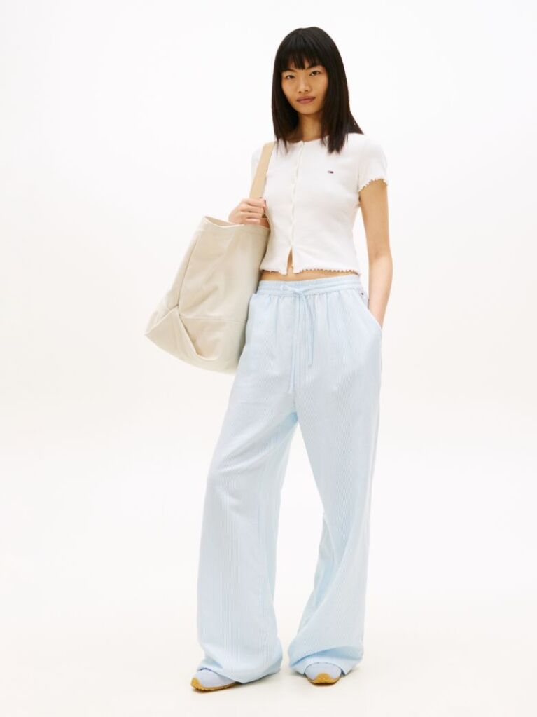 Blue Loose Linen Blend Drawstring Trousers  Women